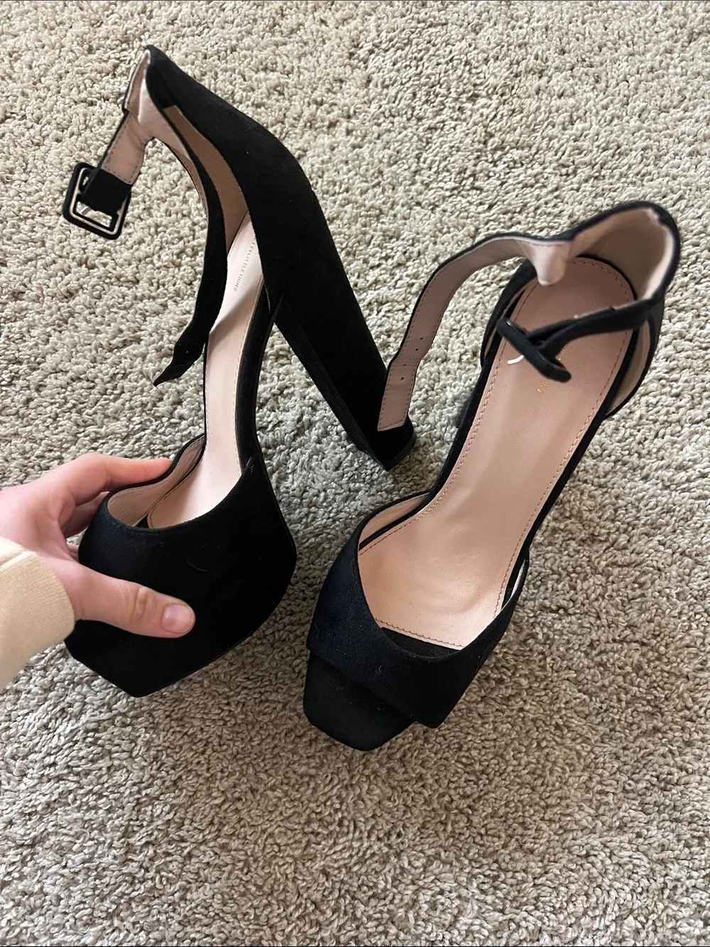 PrettyLittleThing Black Suede Platform Ankle-Strap Heels